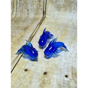 Vtg  Dolphins Blue Glass Set of 3 Diving Dolphins (b9)